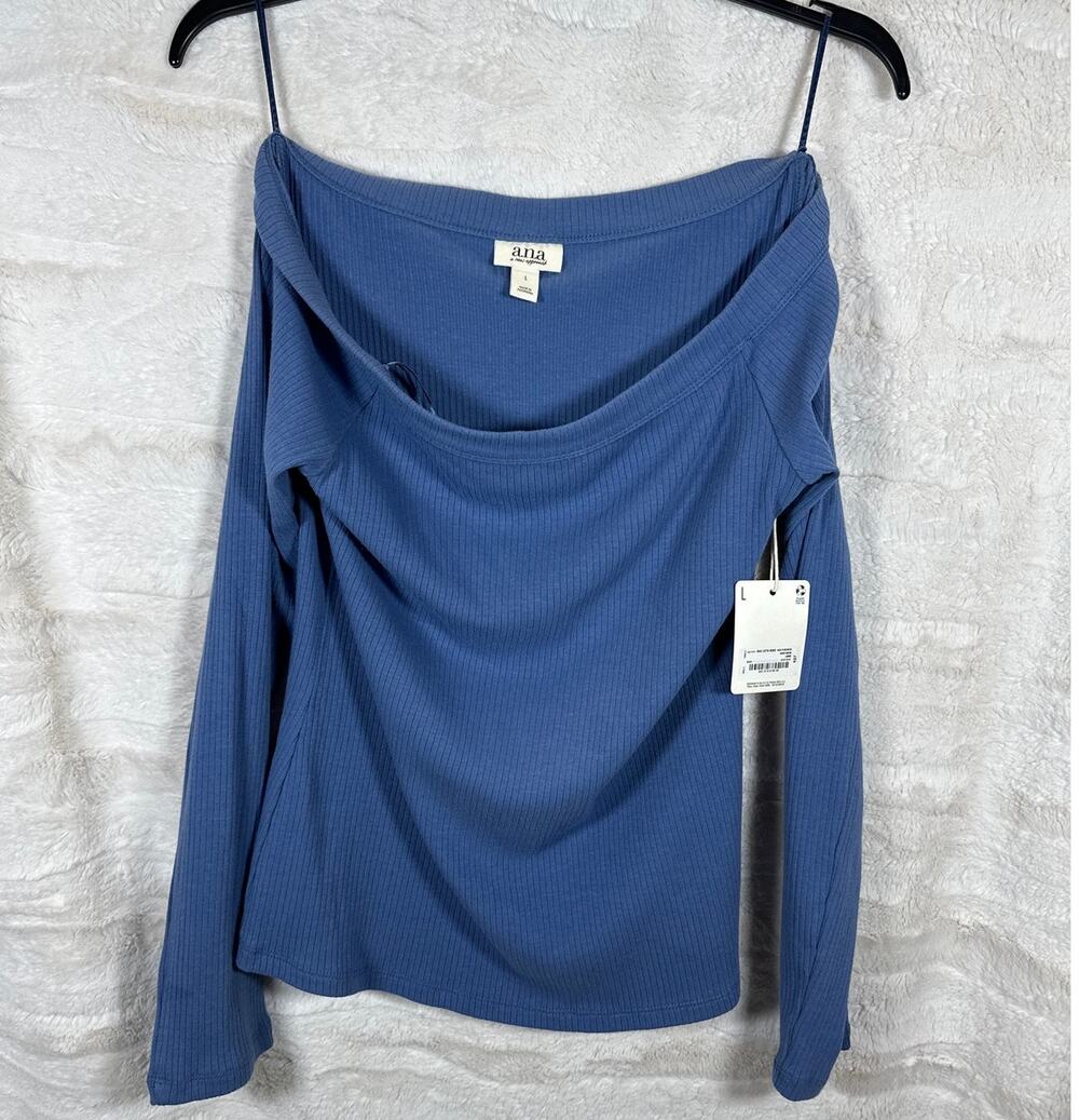 Ana off shoulder ribbed Blue Long sleeved blouse